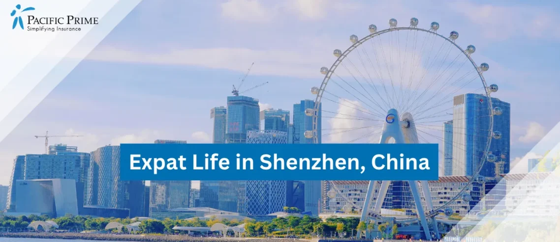 Image of Ferris Wheel By Water With Shenzhen Skyline In Background with text overlay of "Expat Life in Shenzhen, China"