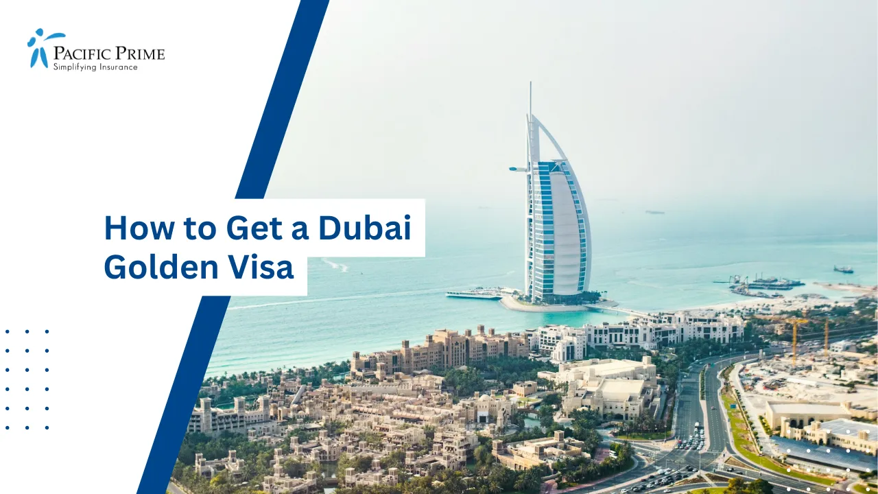 Image of Ferris Wheel By Waterfront With Burj Al Arab In Dubai with text overlay of "How to Get a Dubai Golden Visa"