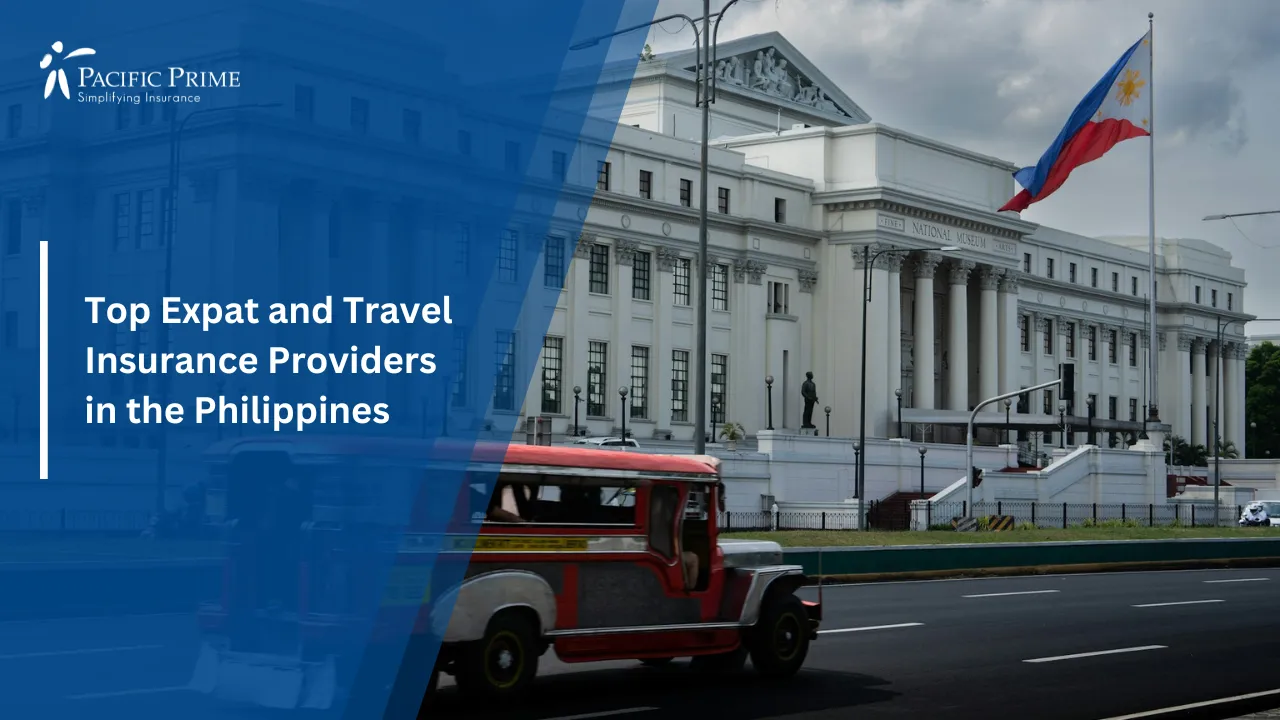 Image of Fire Engine On The Street Near The National Museum Of Fine Arts In Manila with text overlay of "Top Expat and Travel Insurance Providers in the Philippines"