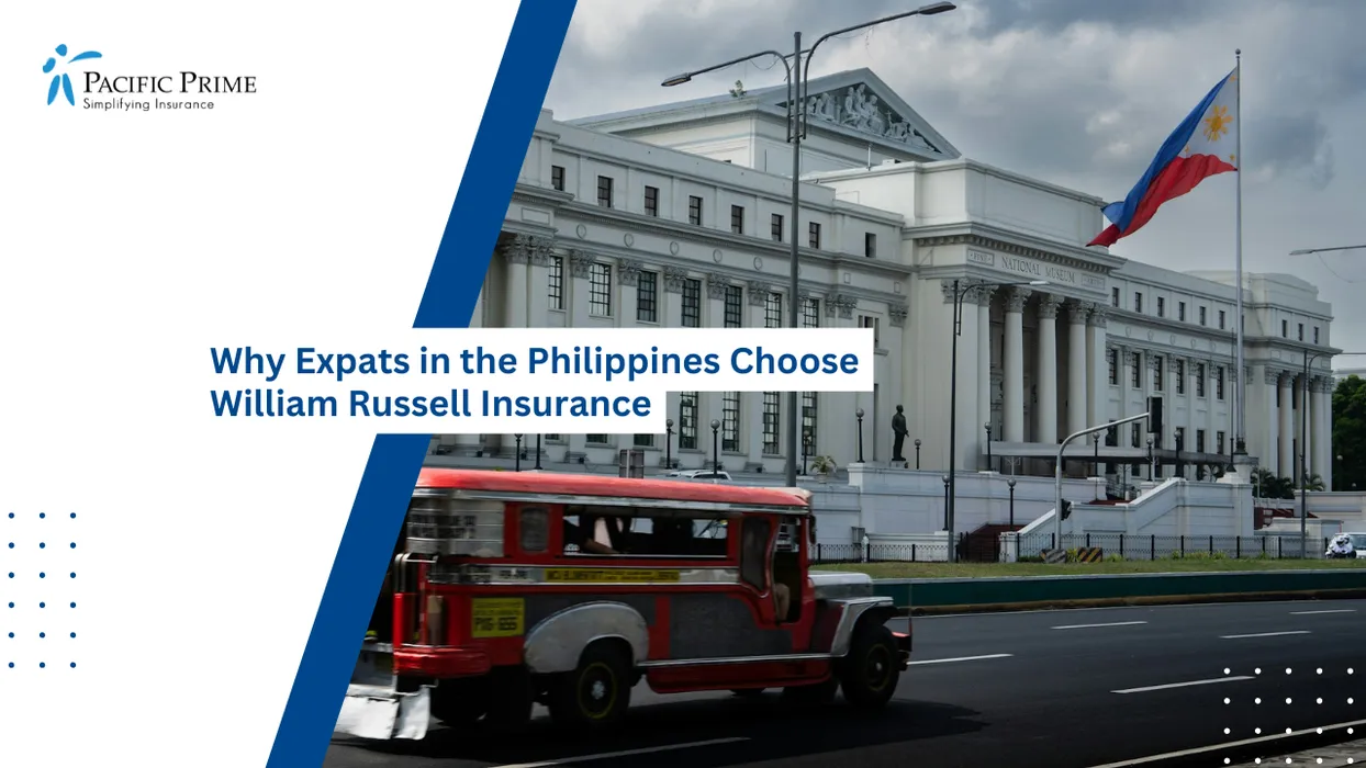 Image of Fire Truck Passing Near National Museum Of Fine Arts, Manila City Street with text overlay of "Why Expats in the Philippines Choose William Russell Insurance"