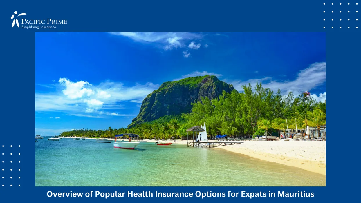 Image of Fishing Boats Along Mauritius Coast With Green Peaks Beneath Clear Blue Sky with text overlay of "Overview of Popular Health Insurance Options for Expats in Mauritius"