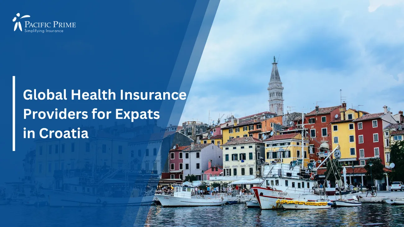 Image of Fishing Boats Docked At The Seaport In Rovinj, Croatia with text overlay of "Global Health Insurance Providers for Expats in Croatia"