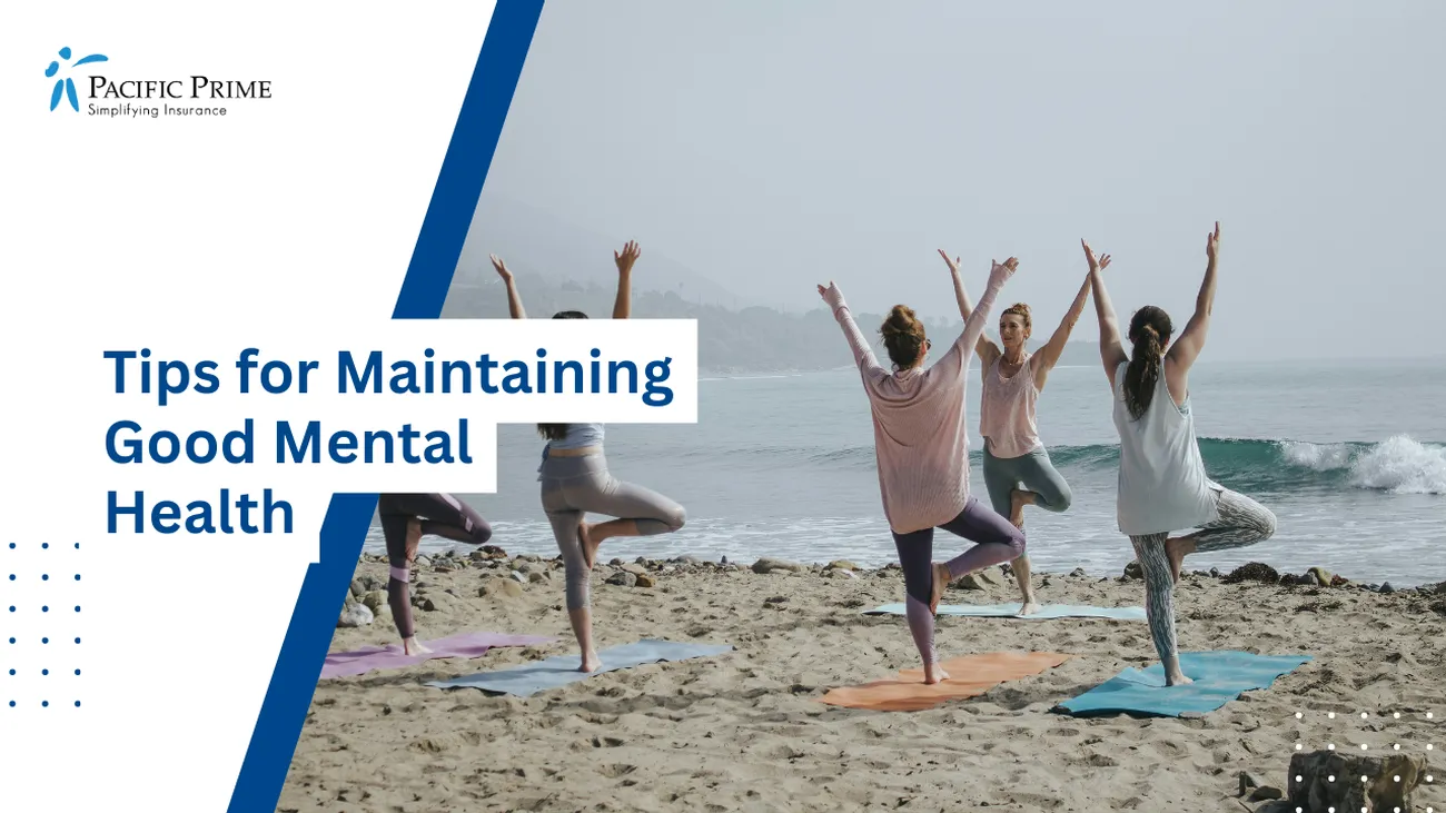 Image of Five Women Doing Yoga On The Seashore For Stress Relief And Mental Health with text overlay of "Tips for Maintaining Good Mental Health"