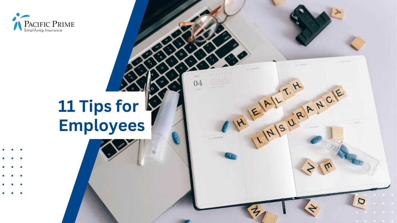 Image of Flat Lay Of Laptop, Notebook, And Medicine For Health Planning Concept with text overlay of "11 Tips for Employees"