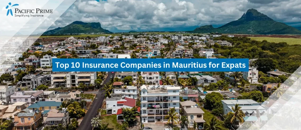 Image of Flic En Flac Seaside Skyline Framed By Distant Lush Mountain Ridges with text overlay of "Top 10 Insurance Companies in Mauritius for Expats"
