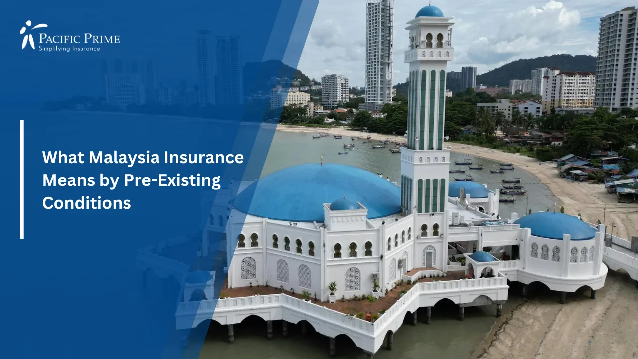 Image of Floating Mosque With City Skyline In Penang, Malaysia with text overlay of "What Malaysia Insurance Means by Pre-Existing Conditions"