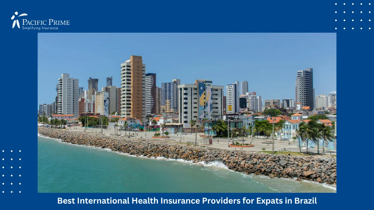 Image of Fortaleza Skyline With Coastal High-rises Under Bright Sunny Skies In Ceará with text overlay of "Best International Health Insurance Providers for Expats in Brazil"