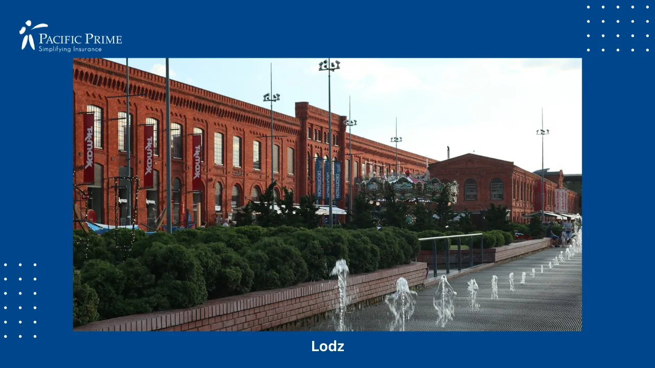 Image of Fountain At Manufaktura Complex In Łódź, Poland with text overlay of "Lodz"