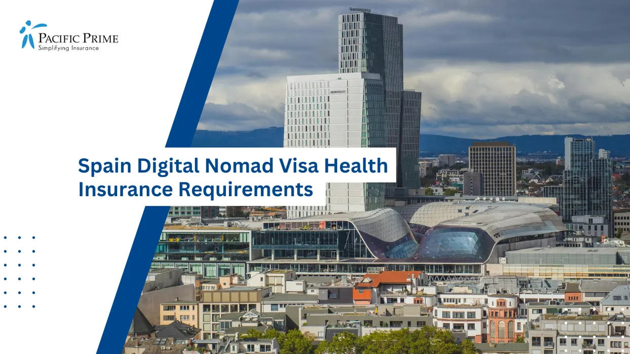 Image of Frankfurt Financial District Skyline With Sleek Glass Towers Rising Above The City with text overlay of "Spain Digital Nomad Visa Health Insurance Requirements"