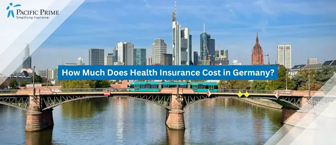 Image of Frankfurt Skyline With Green Tram Crossing Ignatz Bubis Bridge with text overlay of "How Much Does Health Insurance Cost in Germany?"