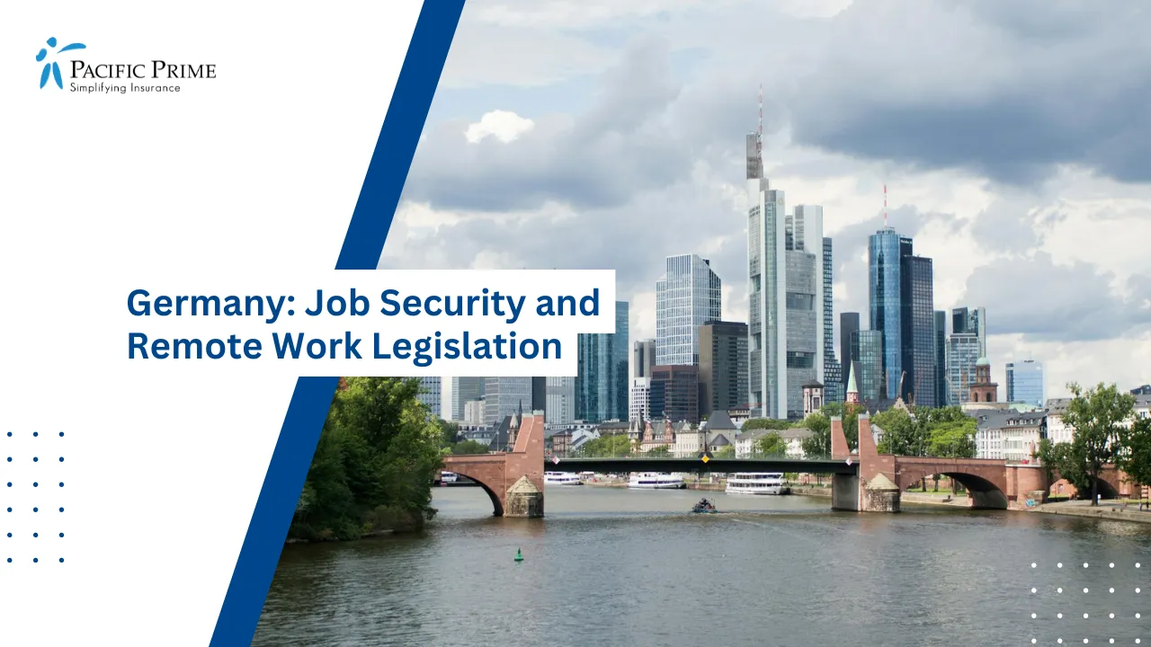 Image of Frankfurt Skyline With Modern Skyscrapers And The Main River View with text overlay of "Germany: Job Security and Remote Work Legislation"
