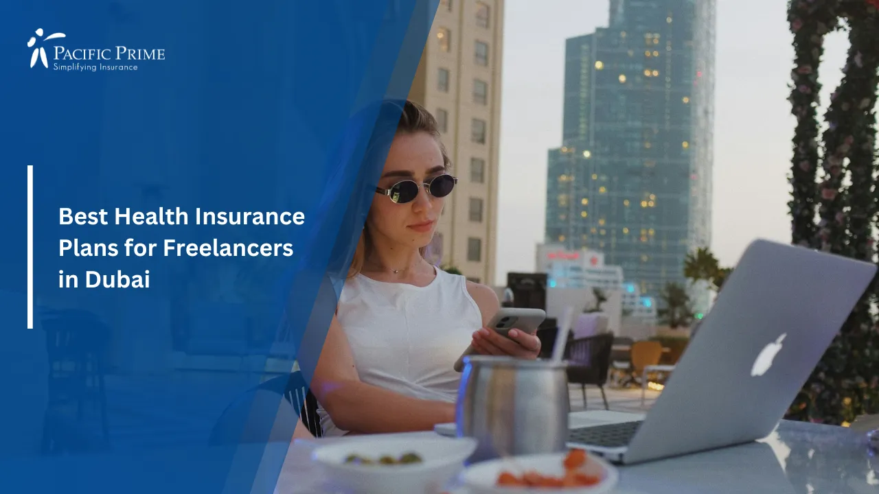 Image of Freelancer In White Tank Top Sitting On A Chair with text overlay of "Best Health Insurance Plans for Freelancers in Dubai"