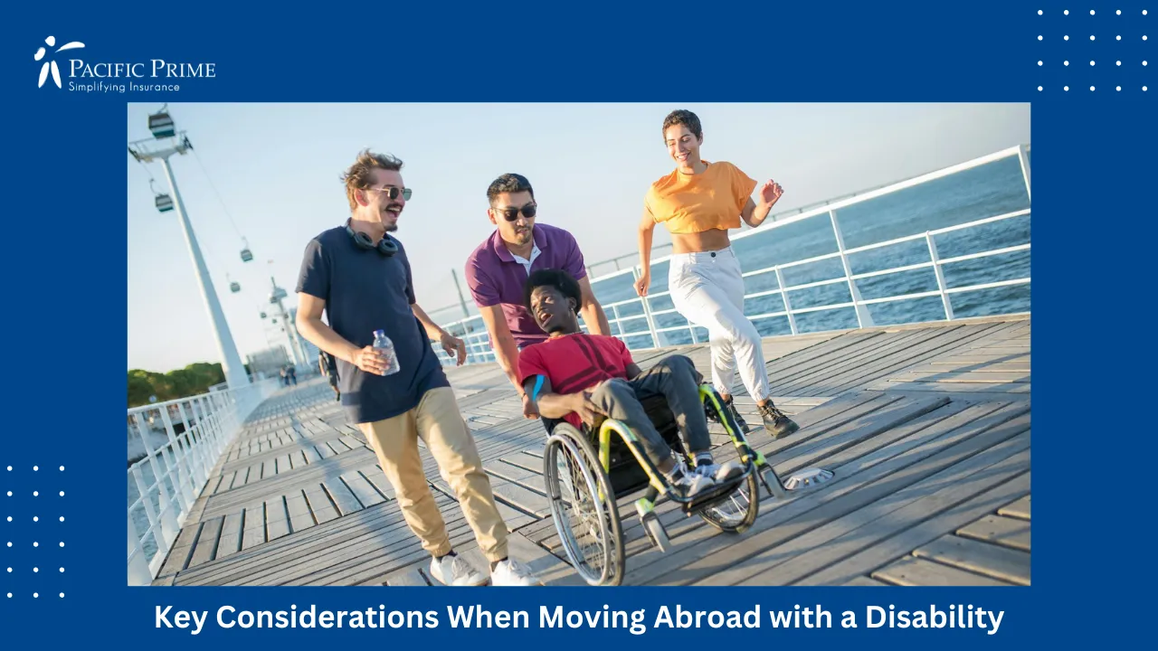 Image of Friends Enjoying A Fun Day Together On A Boardwalk By The Water with text overlay of "Key Considerations When Moving Abroad with a Disability"