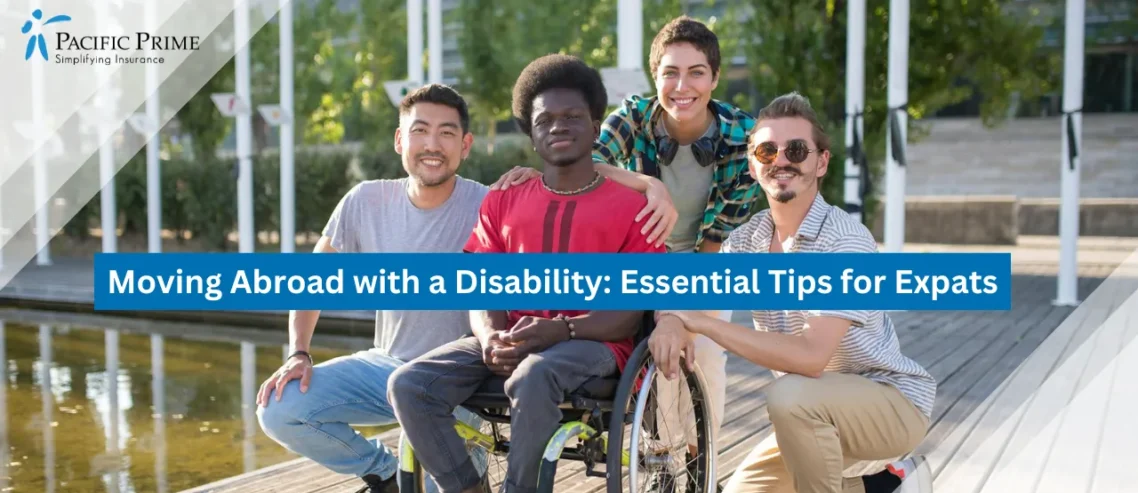 Image of Friends Enjoying Time Together Outdoors In A Green Park Setting with text overlay of "Moving Abroad with a Disability: Essential Tips for Expats"