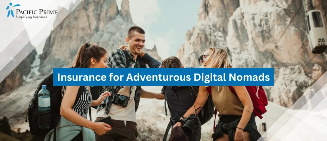 Image of Friends Hanging Out In The Dolomites During A Mountain Road Trip with text overlay of "Insurance for Adventurous Digital Nomads"