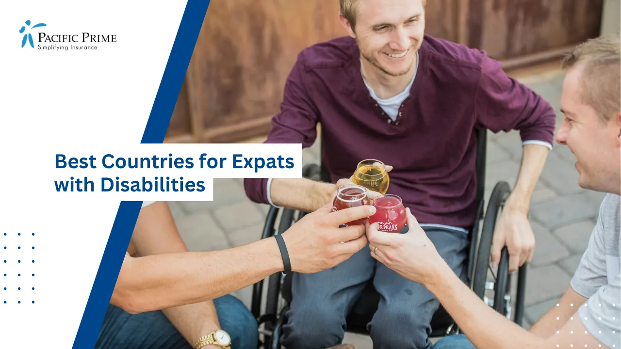 Image of Friends Sharing Drinks While Relaxing In A Sunny Park with text overlay of "Best Countries for Expats with Disabilities"