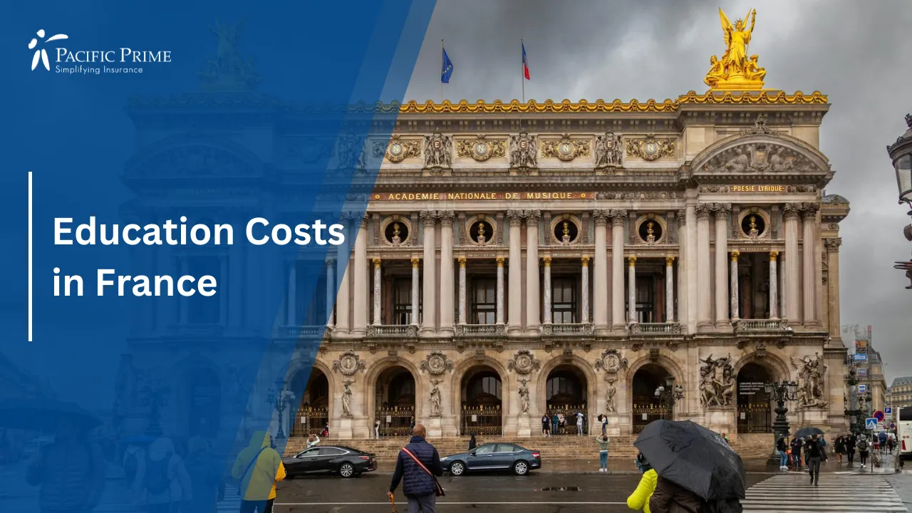 Image of Front View Of Palais Garnier Showcasing Ornate Architecture In Paris with text overlay of "Education Costs in France"