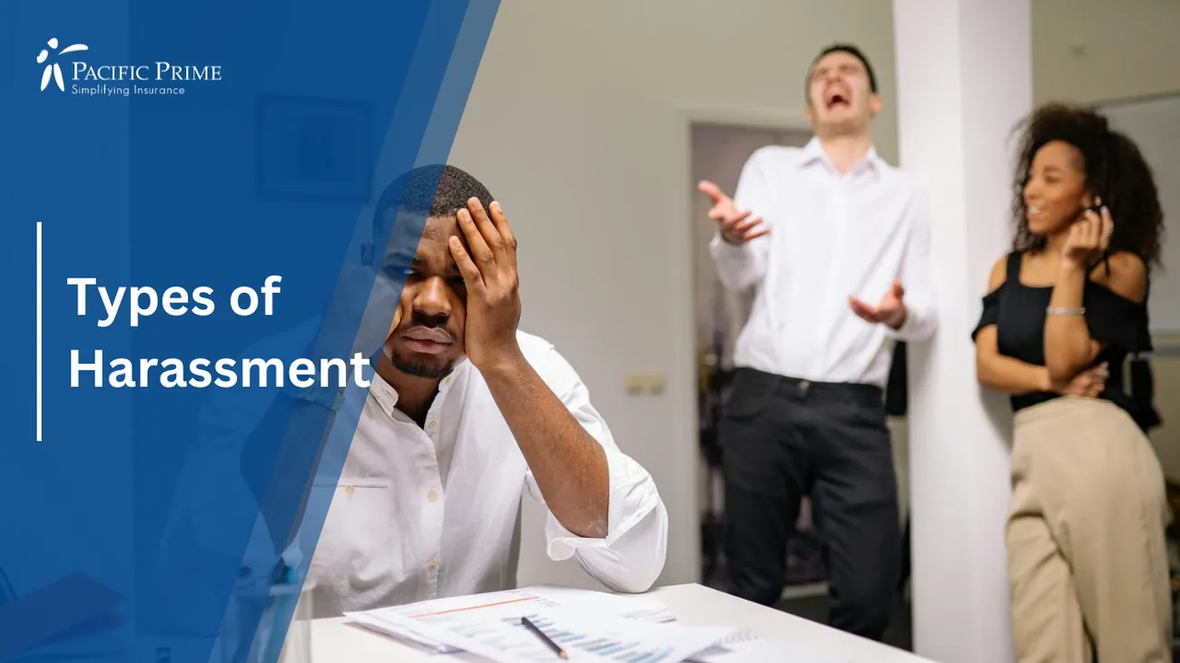 Image of Frustrated Man At Desk As Two Coworkers Laugh In Workplace Conflict with text overlay of "Types of Harassment"