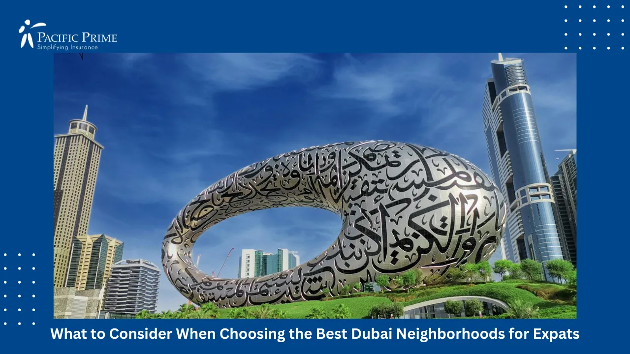Image of Futuristic Architecture Of Museum Of The Future In Dubai with text overlay of "What to Consider When Choosing the Best Dubai Neighborhoods for Expats"