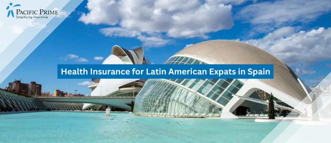 Image of Futuristic Domes And Arts Complex Reflected Over Tranquil Water At Dusk with text overlay of "Health Insurance for Latin American Expats in Spain"