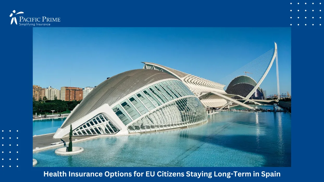 Image of Futuristic Hemisf&egrave;ric Dome At Valencia&rsquo;s Arts Complex Beside Reflective Pool with text overlay of "Health Insurance Options for EU Citizens Staying Long-Term in Spain"