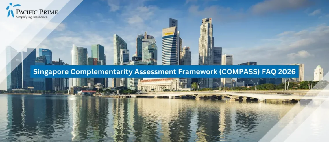 Image of Futuristic Singapore Skyline With Sleek Towers And A Dense Urban Waterfront View with text overlay of "Singapore Complementarity Assessment Framework (COMPASS) FAQ 2026"