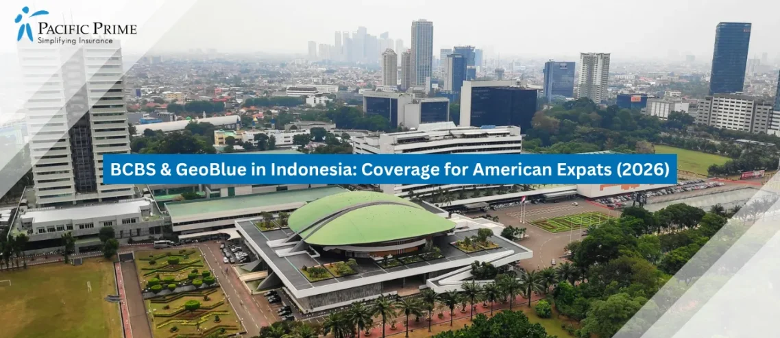 Image of Gedung Mpr/Dpr Amid The Urban Landscape Of Senayan, South Jakarta with text overlay of "BCBS & GeoBlue in Indonesia: Coverage for American Expats (2026)"