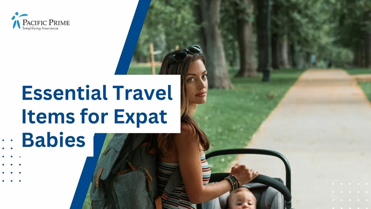 Image of a Girl Pushing Baby Stroller - Essential For Expat Living with text overlay of "Essential Travel Items for Expat Babies"
