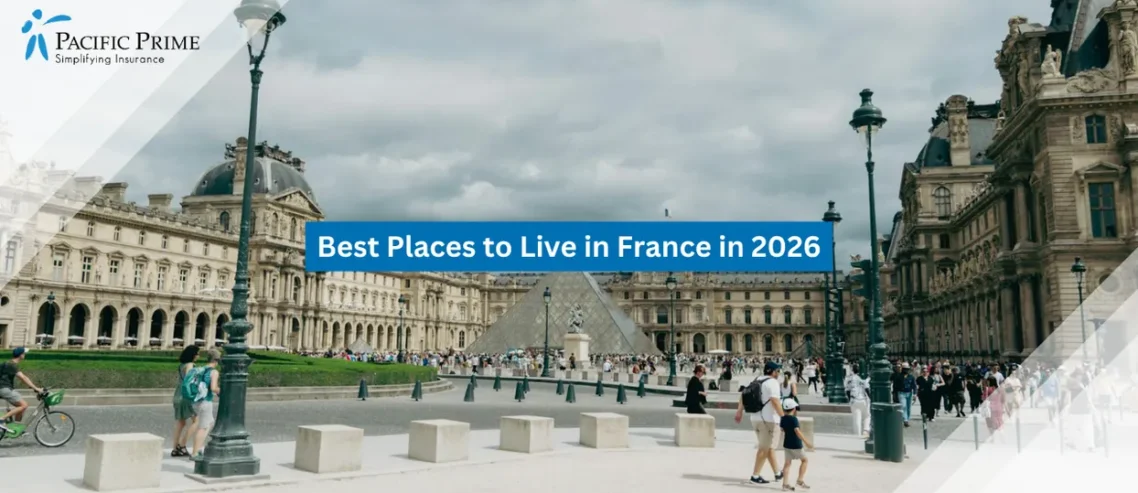 Image of Glass Pyramid Entrance At The Louvre With Historic Palace In Paris with text overlay of "Best Places to Live in France in 2026"