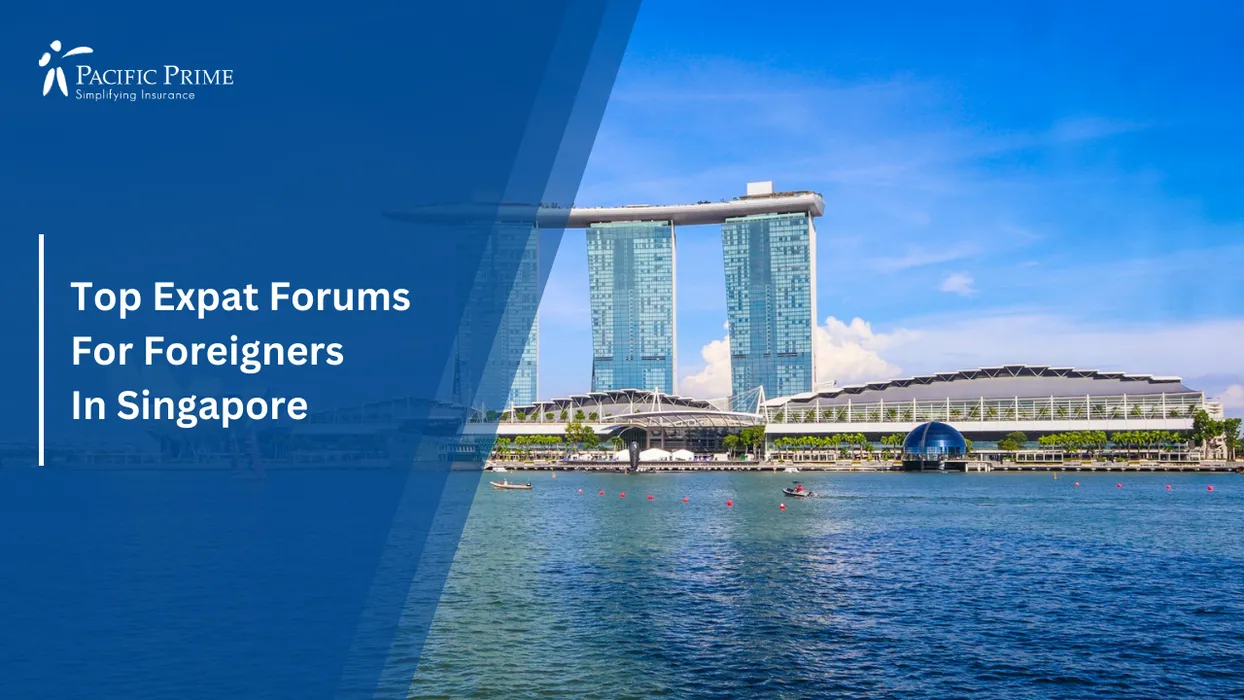 Image of Glass Skyscrapers Lining Marina Bay Beside Tranquil Blue Waters In Central Singapore with text overlay of "Top Expat Forums For Foreigners In Singapore"