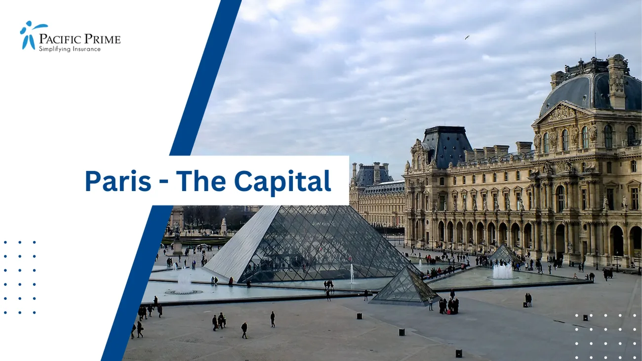 Image of Glass Structure Next To Brown Building And Louvre Pyramid In Paris with text overlay of "Paris - The Capital"
