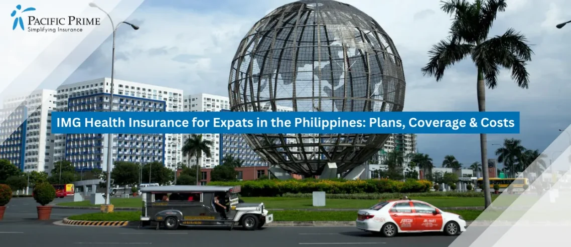 Image of Globe Landmark Outside A Major Shopping Complex In Pasay, Metro Manila with text overlay of "IMG Health Insurance for Expats in the Philippines: Plans, Coverage & Costs"