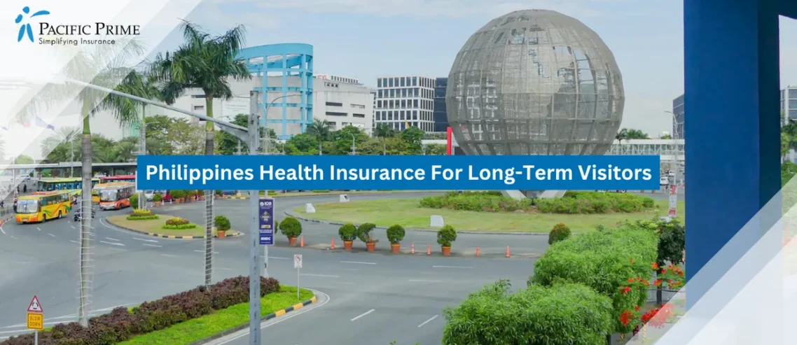 Image of Globe Monument At Moa Roundabout In Pasay With Busy Urban Surroundings with text overlay of "Philippines Health Insurance For Long-Term Visitors"