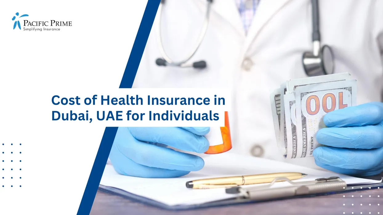 Image of Gloved Doctor Holding Medication And Cash To Represent Rising Healthcare Costs with text overlay of "Cost of Health Insurance in Dubai, UAE for Individuals"