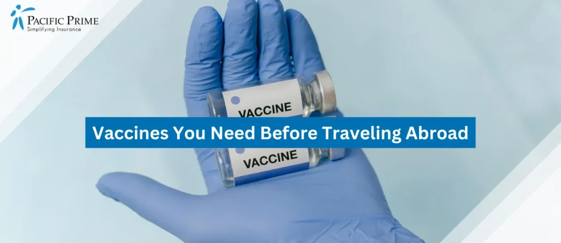 Image of Gloved Hand Holding Multiple Vaccine Bottles with text overlay of "Vaccines You Need Before Traveling Abroad"