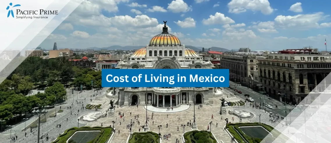 Image of Gold-domed Building Near Palacio De Bellas Artes, Mexico City with text overlay of "Cost of Living in Mexico"