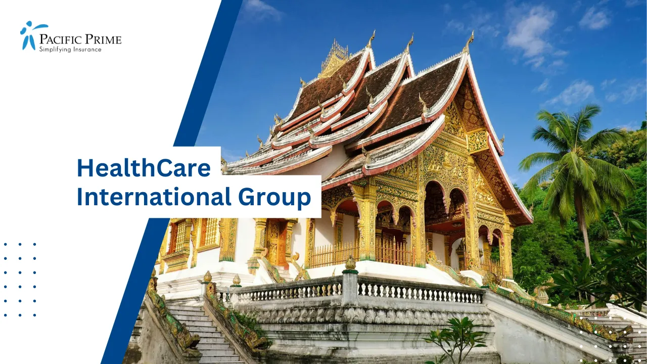 Image of Golden And White Temple Facade In Luang Prabang, Laos with text overlay of "HealthCare International Group"