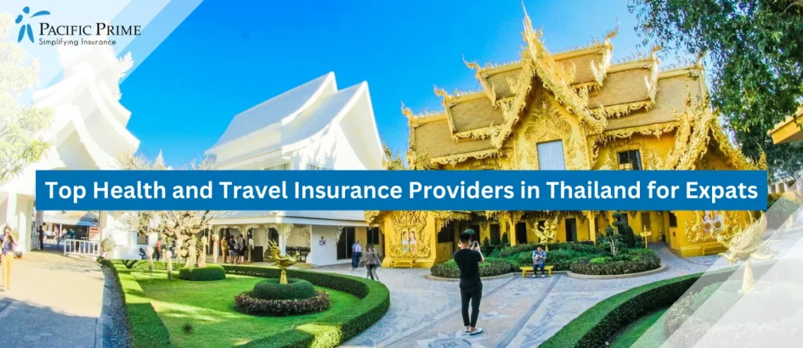 Image of Golden And White Temples Surrounded By Gardens In Chiang Rai, Thailand with text overlay of "Top Health and Travel Insurance Providers in Thailand for Expats"