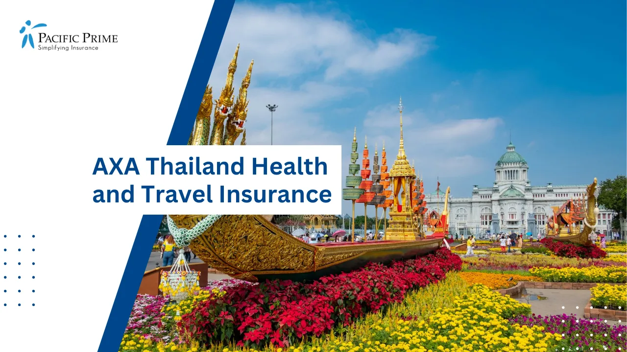 Image of Golden Boat Sculpture In Bangkok, Thailand with text overlay of "AXA Thailand Health and Travel Insurance"