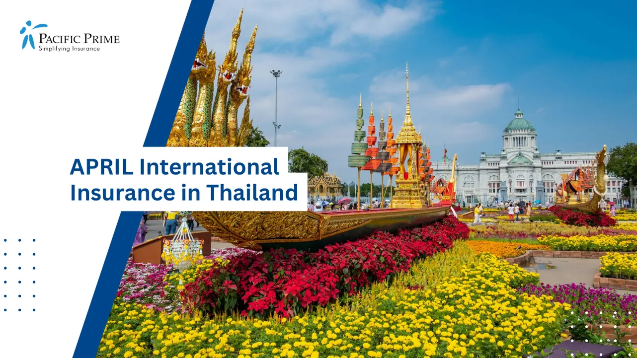 Image of Golden Boat Sculpture In Bangkok, Thailand with text overlay of "APRIL International Insurance in Thailand"