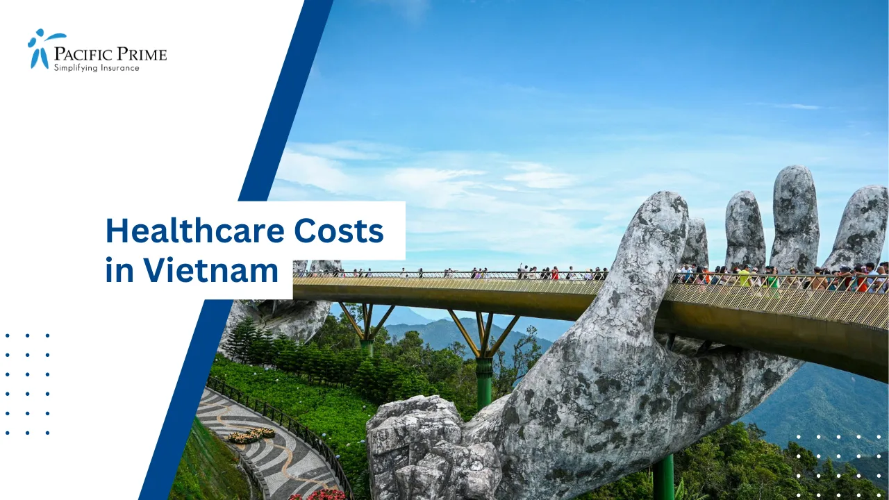 Image of Golden Bridge At Ba Na Hills In Da Nang, Vietnam with text overlay of "Healthcare Costs in Vietnam"