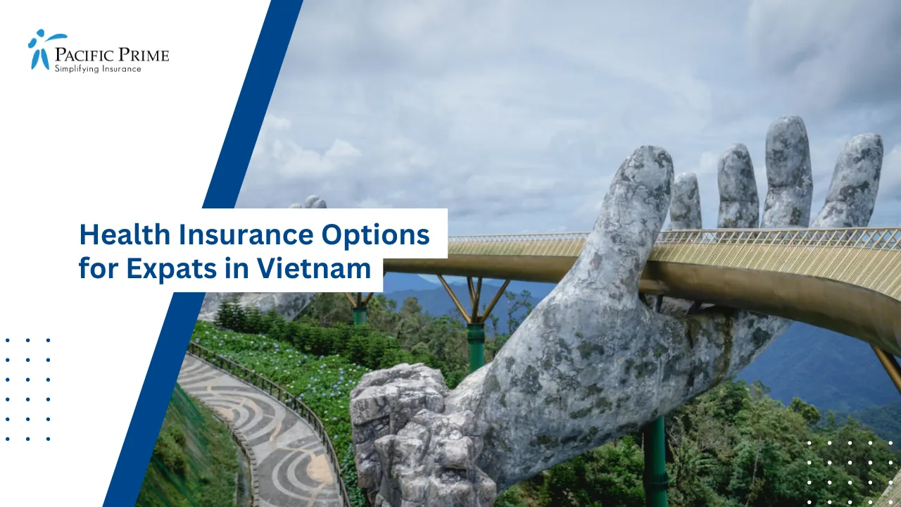 Image of Golden Bridge Held By Giant Hands At Ba Na Hills, Da Nang, Vietnam with text overlay of "Health Insurance Options for Expats in Vietnam"