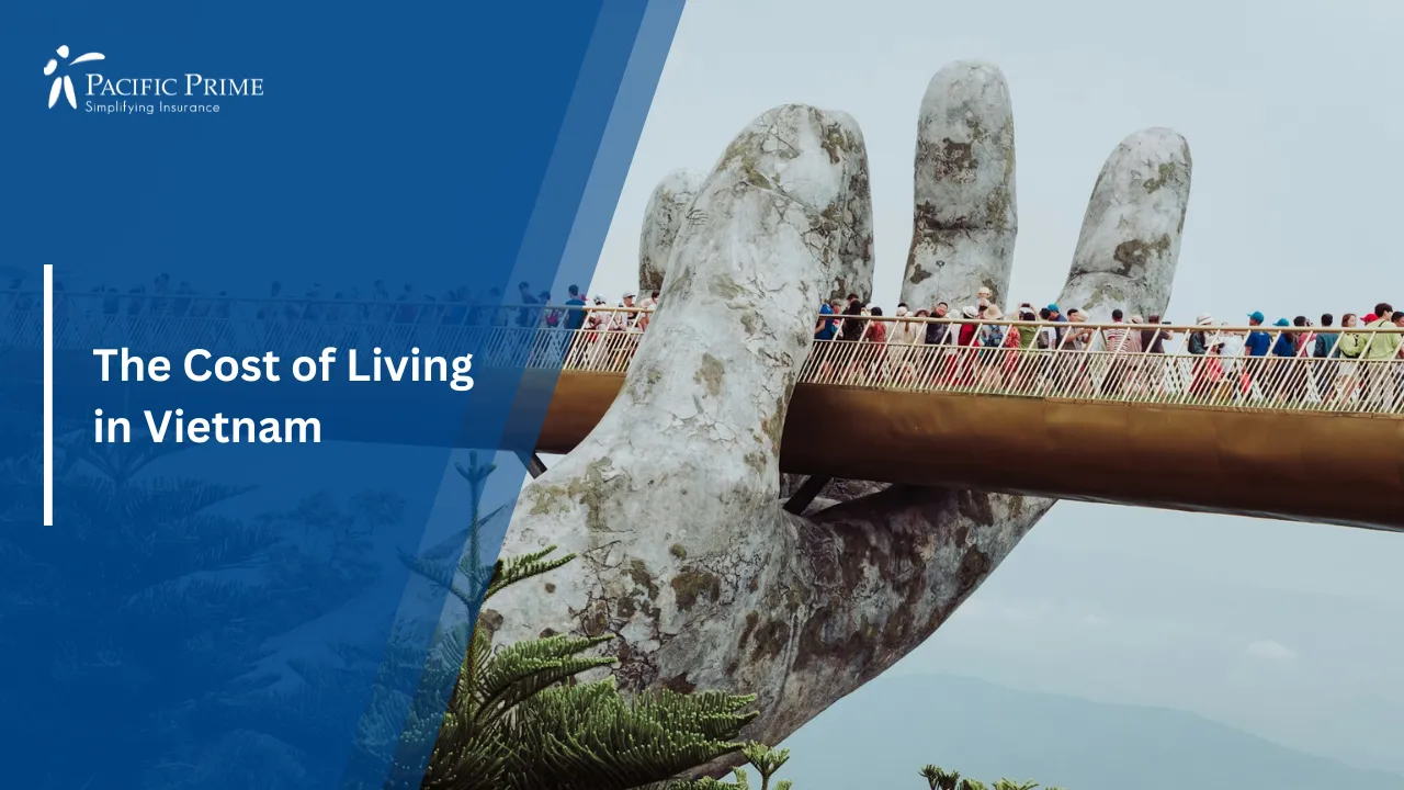 Image of Golden Bridge Held By Giant Hands In Ba Na Hills, Da Nang with text overlay of "The Cost of Living in Thailand"