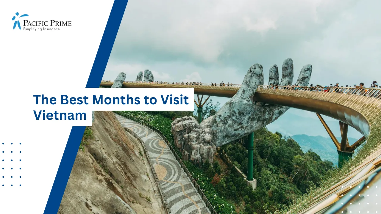 Image of Golden Bridge Held By Stone Hands In Ba Na Hills, Da Nang with text overlay of "The Best Months to Visit Vietnam"