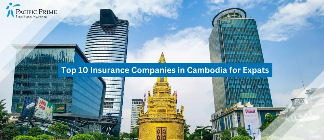 Image of Golden Monument Rising In Phnom Penh With Urban Buildings In The Background with text overlay of "Top 10 Insurance Companies in Cambodia for Expats"