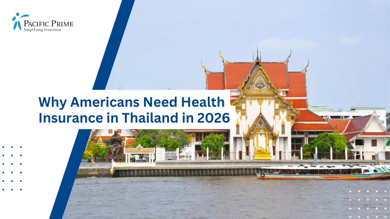 Image of Golden Thai Temple Beside Bangkok&rsquo;s Chao Phraya River with text overlay of "Why Americans Need Health Insurance in Thailand in 2026"