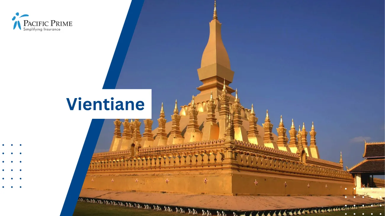 Image of Golden Thatluang-hongkae Temple In Vientiane, Laos, Against The Sky with text overlay of "Vientiane"