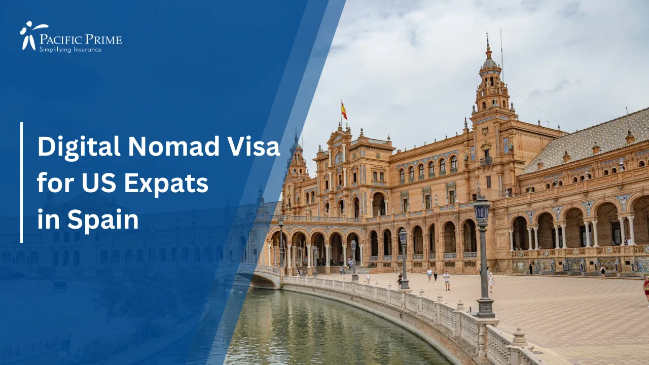 Image of Grand Building By The Water At Plaza De España In Seville, Spain with text overlay of "Types of Visas for Americans Moving to Spain"