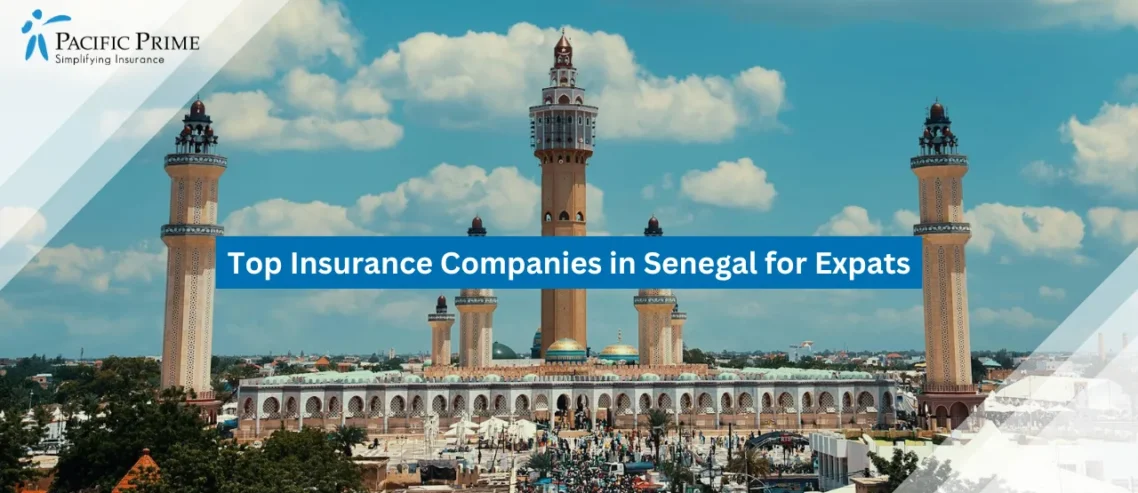 Image of Grand Mosque With Tall Towers In Touba, Senegal with text overlay of "Top Insurance Companies in Senegal for Expats"