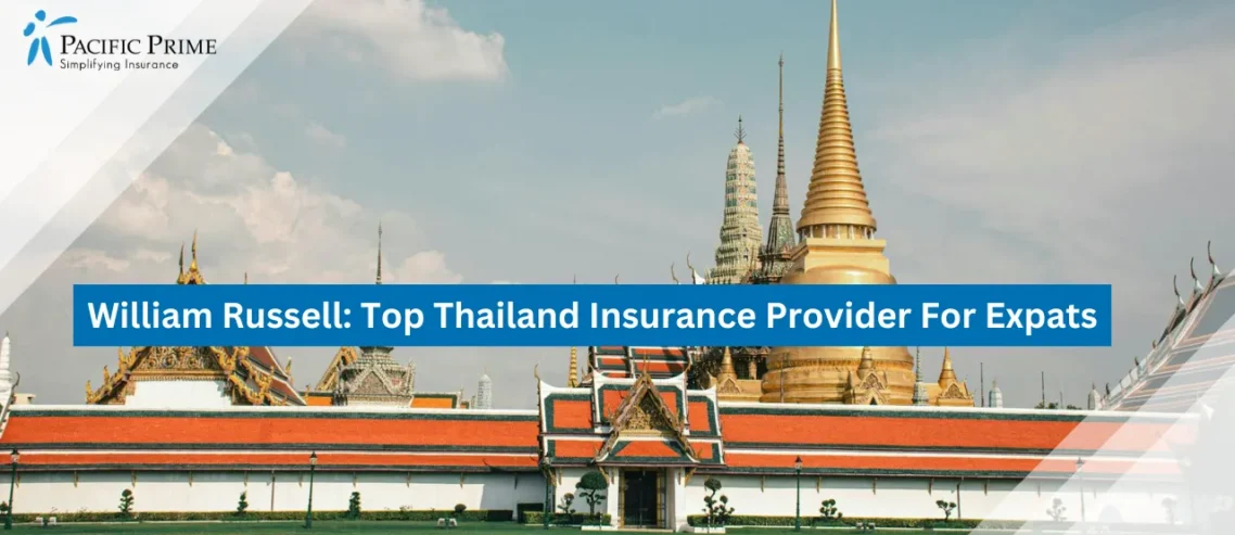 Image of Grand Palace In Bangkok Under Clear Blue Sky with text overlay of "William Russell: Top Thailand Insurance Provider For Expats"
